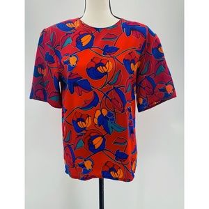 TanJay Red Floral Loose‎ Short Sleeve  Vintage Top/Blouse w/ Shoulder Pads